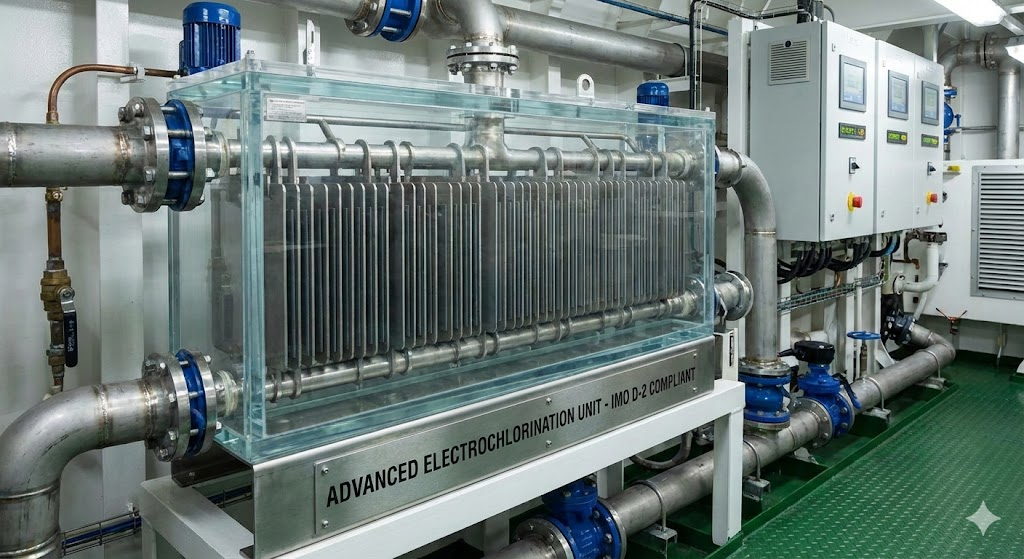 Advanced BWMS electrodes within a ship's ballast water treatment system, emphasizing technical design and maritime compliance standards