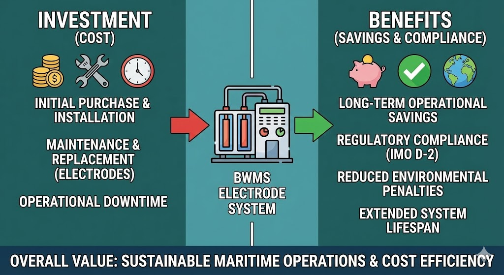 Infographic illustrating a cost-benefit analysis for BWMS electrode investment, showing long-term savings and compliance benefits