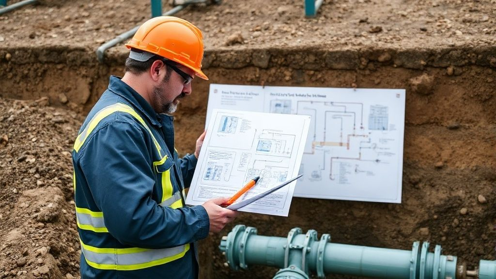 An industrial engineer in a hard hat and safety vest points to a detailed diagram of an ICCP system, showing anodes buried near a pipeline for cathodic protection. The diagram highlights current flow and protected areas. The background shows a dimly lit industrial setting.