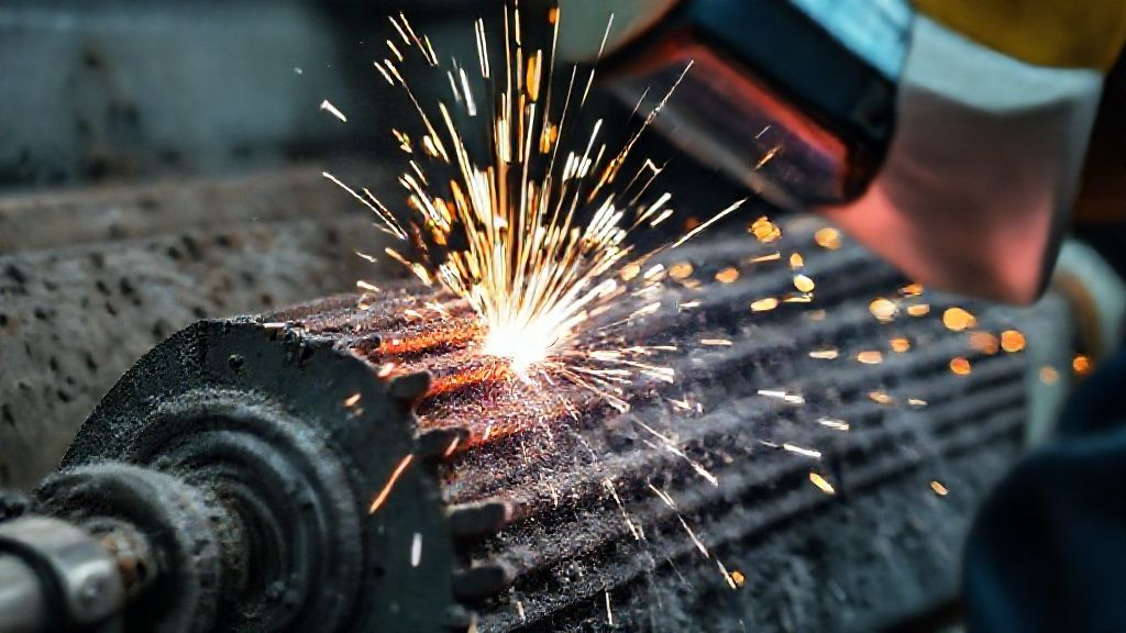 Close-up of an industrial worker in protective gear performing abrasive blasting on a titanium anode, generating sparks, demonstrating meticulous surface preparation.