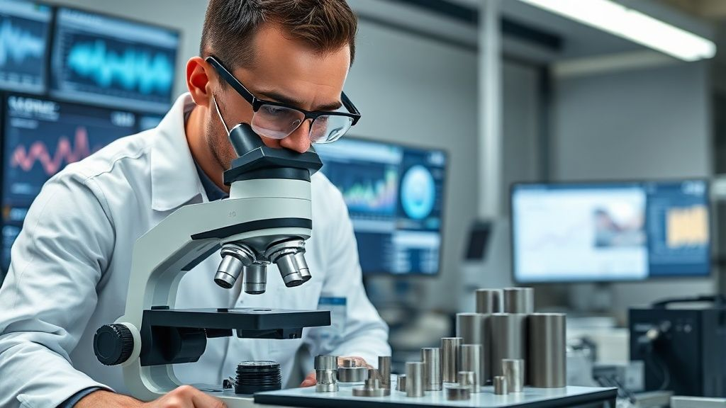 An engineer studies titanium alloy samples with a microscope in a laboratory, surrounded by data screens, illustrating the precise nature of material science and the importance of grade selection.