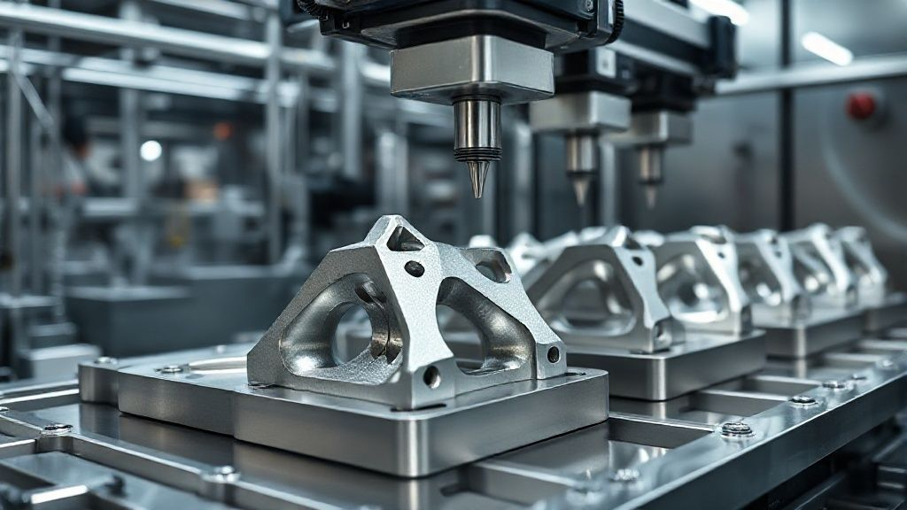 Complex titanium alloy components are being created via additive manufacturing in a futuristic industrial environment, illustrating metallurgical innovation and advanced production techniques.