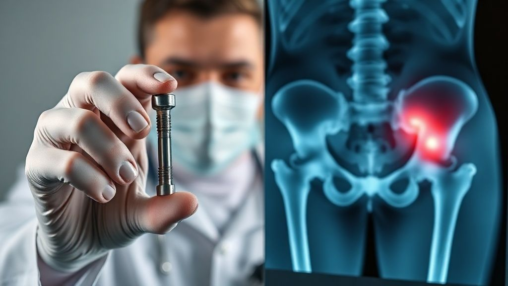 A medical professional displays a titanium hip implant, with an X-ray showing a successful implantation, highlighting titanium's biocompatibility and success in biomedical applications.