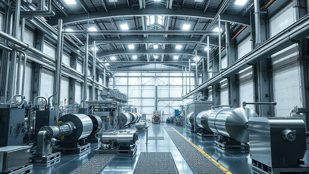 A futuristic titanium recycling facility, equipped with advanced machinery and designed for minimal waste, represents sustainable practices and the circular economy within the metals industry.