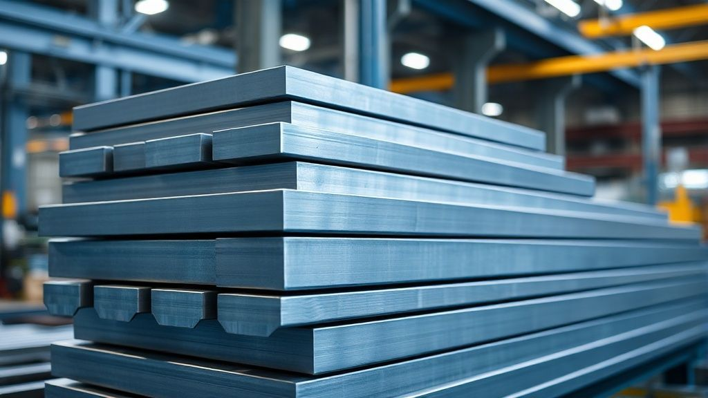 Industrial titanium bars stacked in a modern factory setting with a blue hue, emphasizing high-performance materials and precision engineering