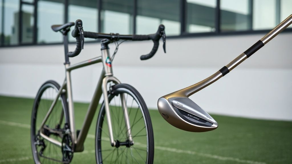 Titanium bicycle frame and golf club head showcasing lightweight and durable consumer goods made from titanium bars in a modern sports setting