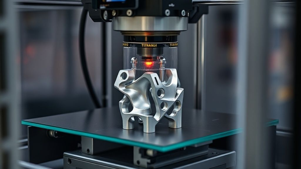 3D printer creating a complex titanium part with laser sintering, representing additive manufacturing and future titanium applications