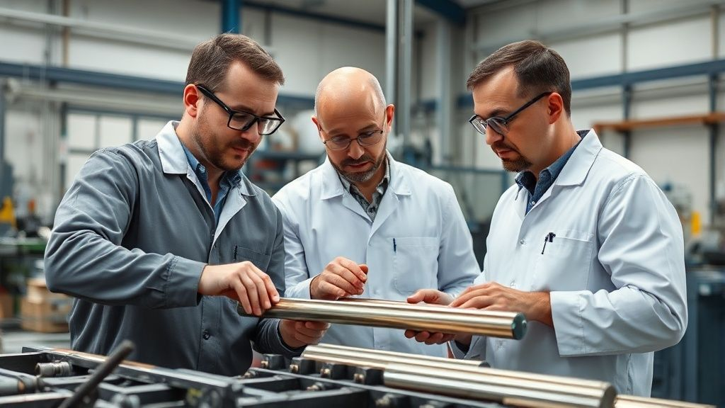 Professional engineers inspecting titanium bar quality in a modern metallurgical lab, emphasizing quality control and expert consultation