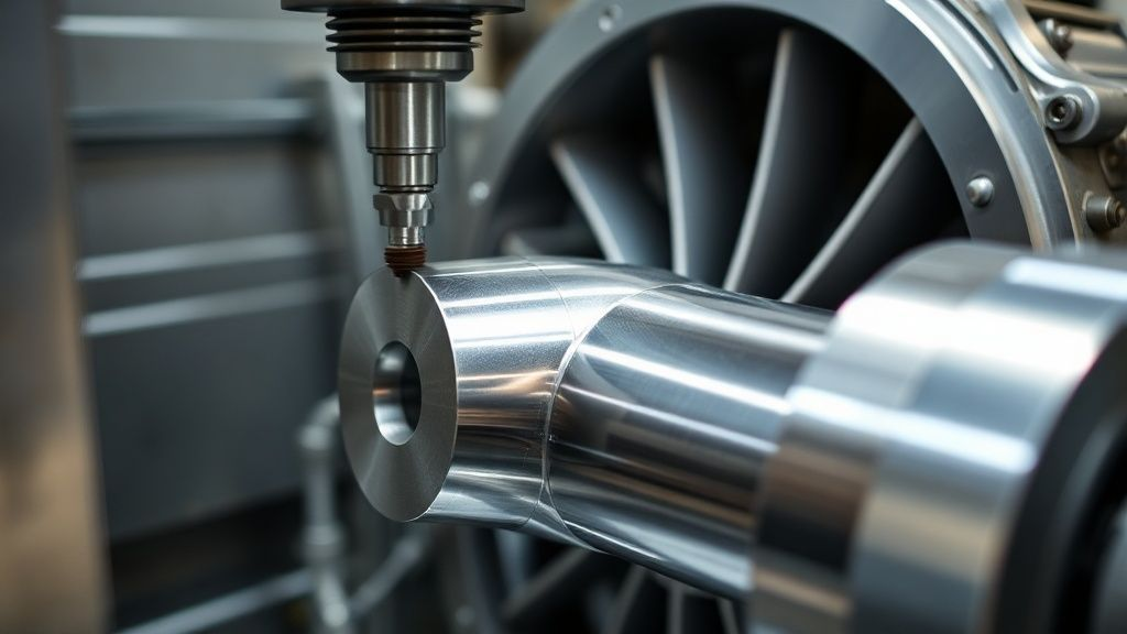 Titanium bar being machined into an aircraft engine component in a precision manufacturing environment, highlighting aerospace applications