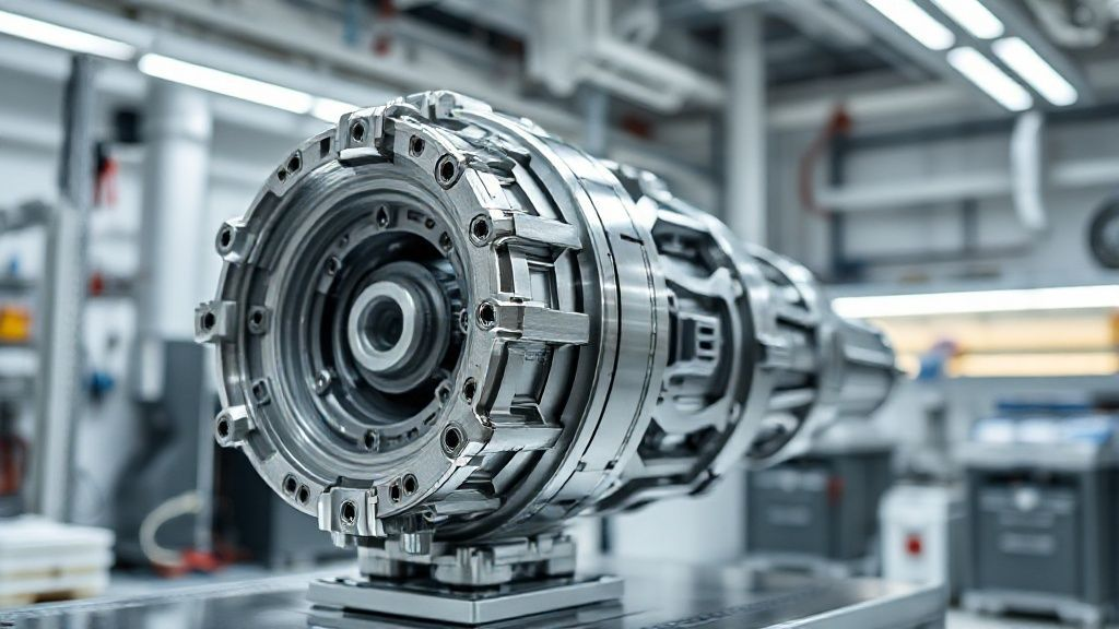 An intricately designed aerospace component, likely an engine part, crafted from titanium alloy, displayed in a sterile, high-tech laboratory, emphasizing precision engineering.