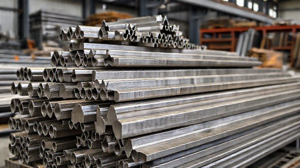 Various titanium bars, including round, square, and hexagonal shapes, are neatly stacked in a well-lit industrial warehouse. The metal surfaces reflect light, emphasizing their precision engineering and quality. The scene conveys organization and the availability of diverse titanium products.
