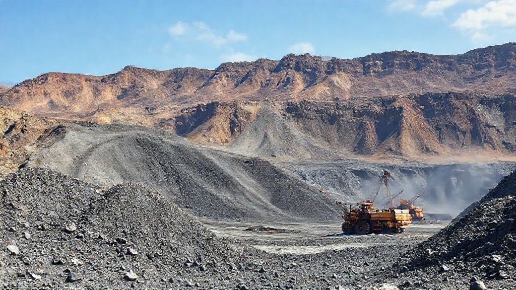 Large excavators operate in an open-pit mine, extracting titanium ore from a rugged, reddish-brown landscape under a clear blue sky. The scene depicts a vast industrial mining operation, highlighting the initial stage of raw material acquisition for titanium production.