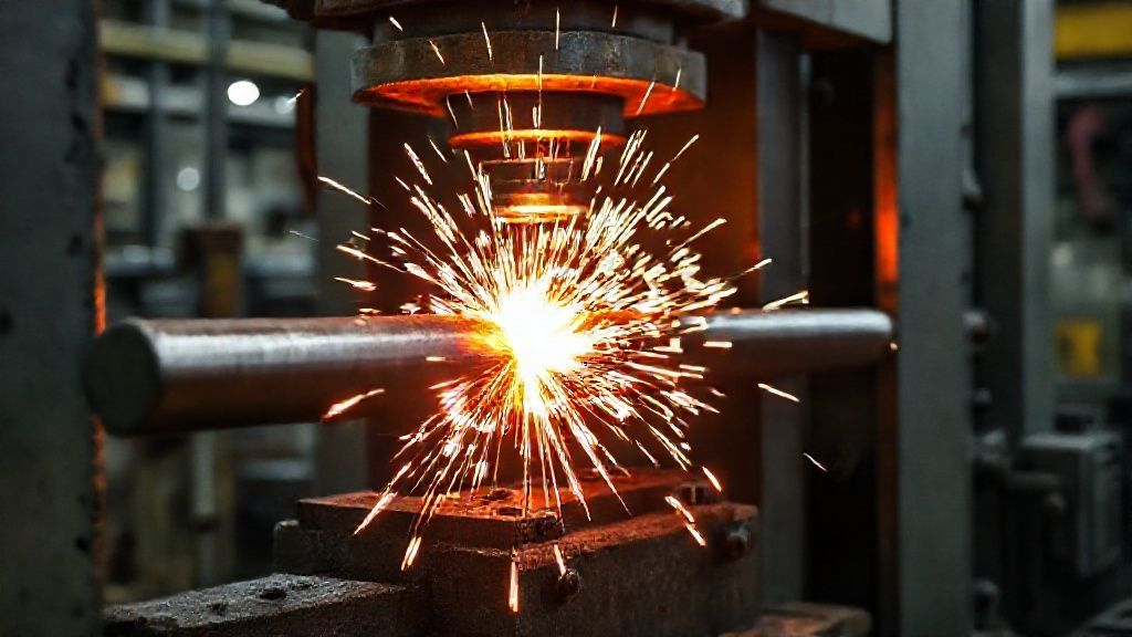 A bright orange, glowing titanium bar is being shaped by a massive hydraulic press in an industrial manufacturing plant. Sparks fly dramatically as the metal is compressed, illustrating the intense heat and force involved in the hot forging process.