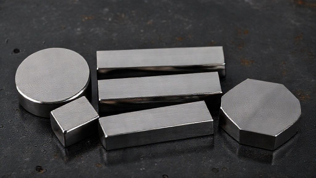 A collection of titanium bars in different shapes: round, square, and hexagonal, arranged neatly on a dark, textured industrial surface, symbolizing the versatility of titanium forms.
