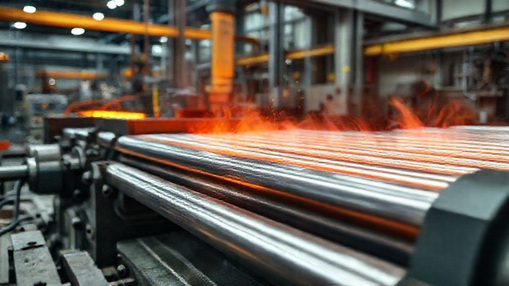 An industrial factory scene depicting the hot rolling process of titanium bars, with glowing metal being shaped by heavy machinery, highlighting the precision and scale of titanium manufacturing.