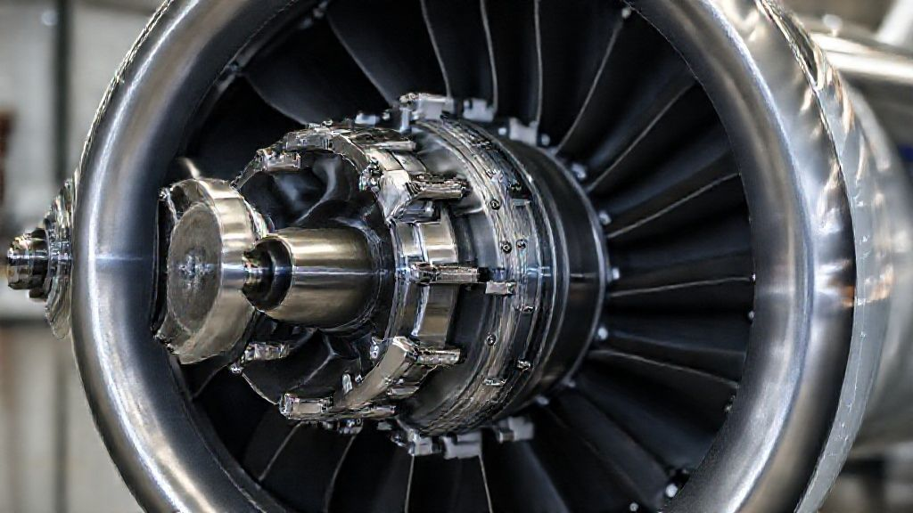 Close-up of intricate titanium aircraft engine components, highlighting precision engineering and metallic sheen.