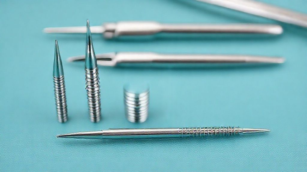 Close-up of various titanium medical implants and surgical instruments, showcasing their sterile, precise design.