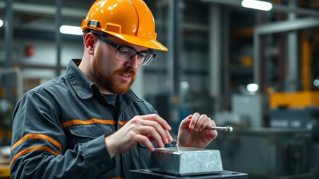 Engineer inspecting technical data of a titanium bar