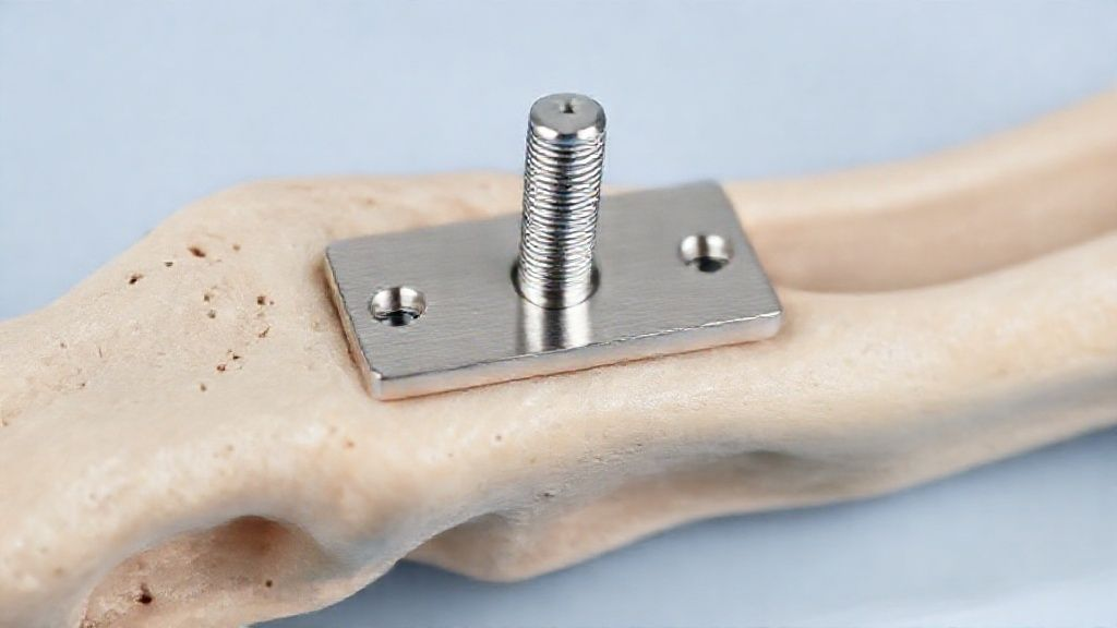 A titanium medical implant plate securely fixed to a bone structure. A titanium medical implant plate securely fixed to a bone structure.
