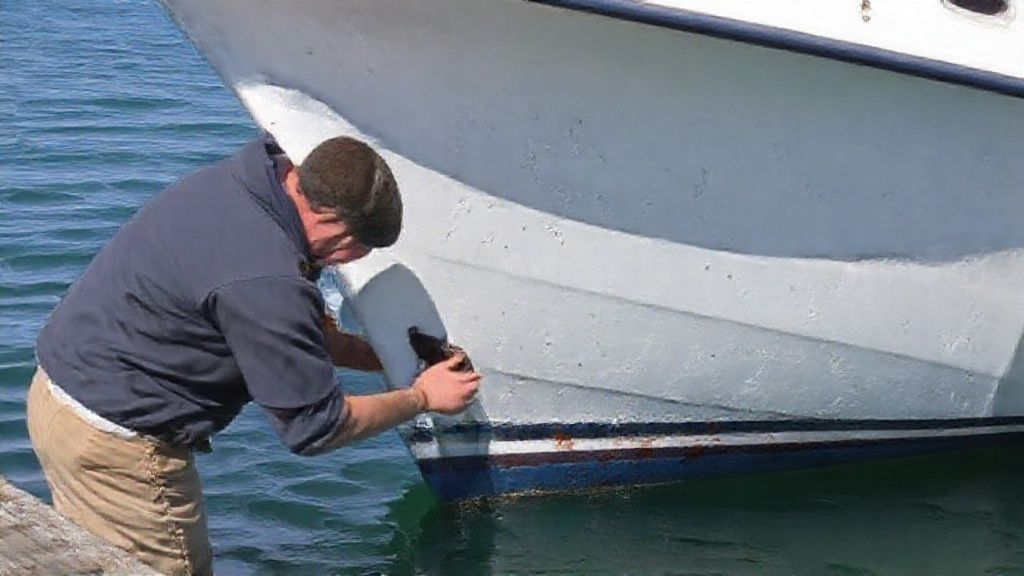 Technician inspecting a sacrificial anode on a boat hull underwater Technician inspecting a sacrificial anode on a boat hull underwater