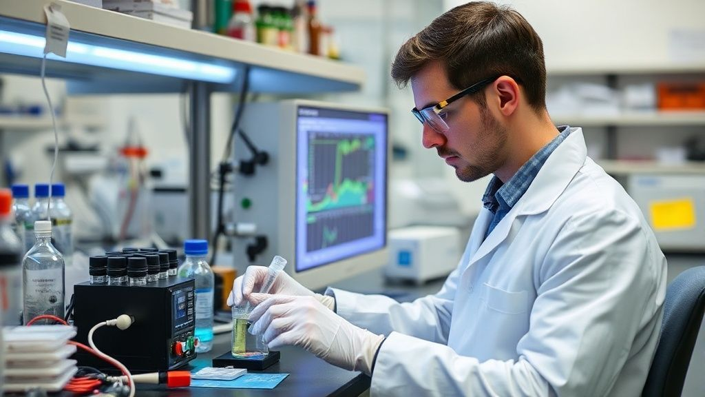Scientist analyzing electrochemical data in a lab
