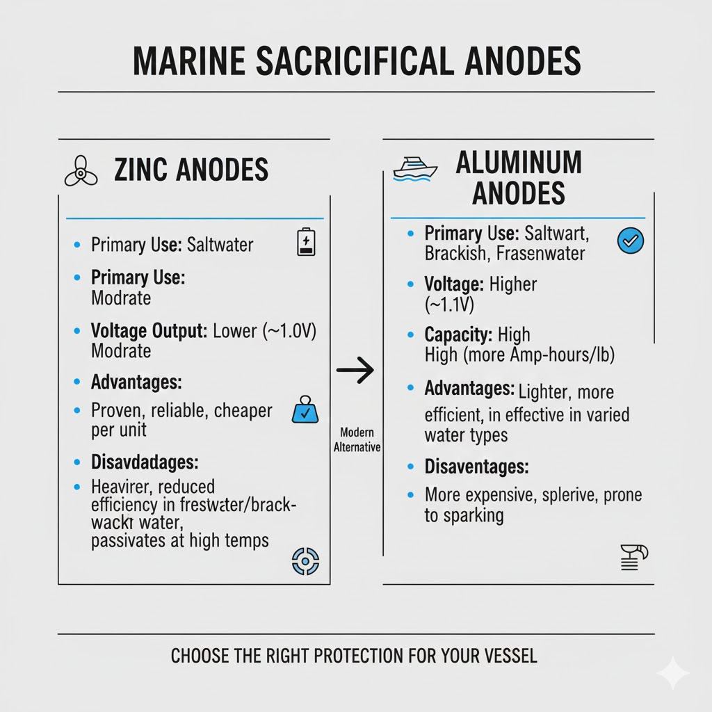 Comparison chart of zinc and aluminum marine anodes