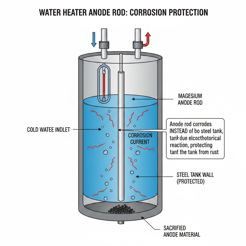 Diagram showing the function of a water heater anode rod protecting the tank