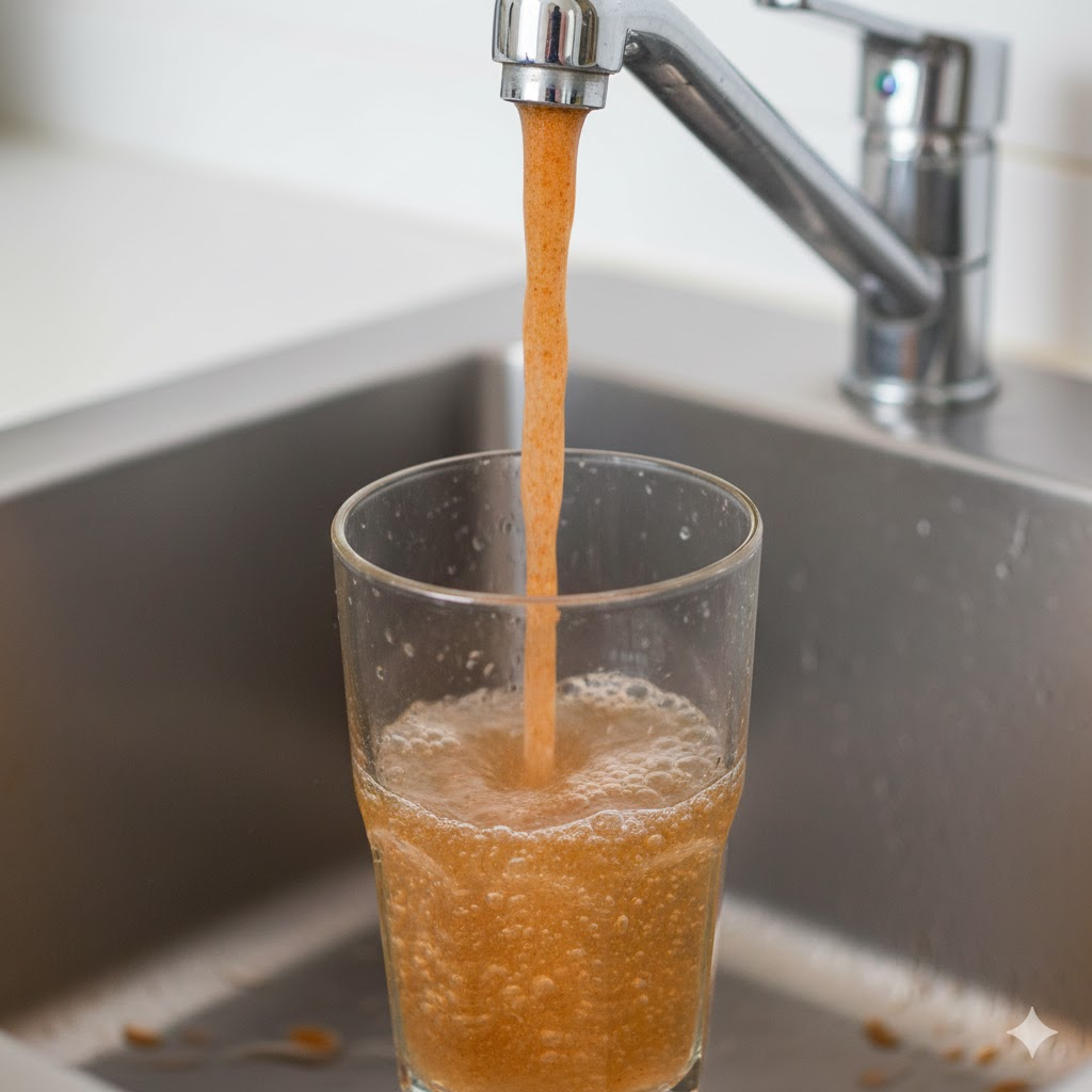 Rusty, discolored hot water flowing from a kitchen tap