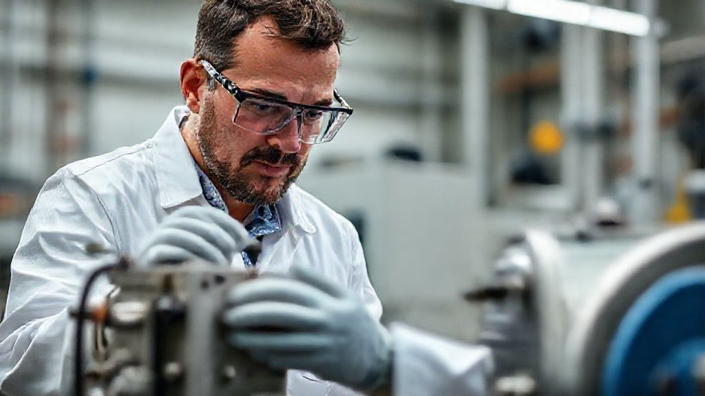 Scientist performing quality control on an anode in a lab