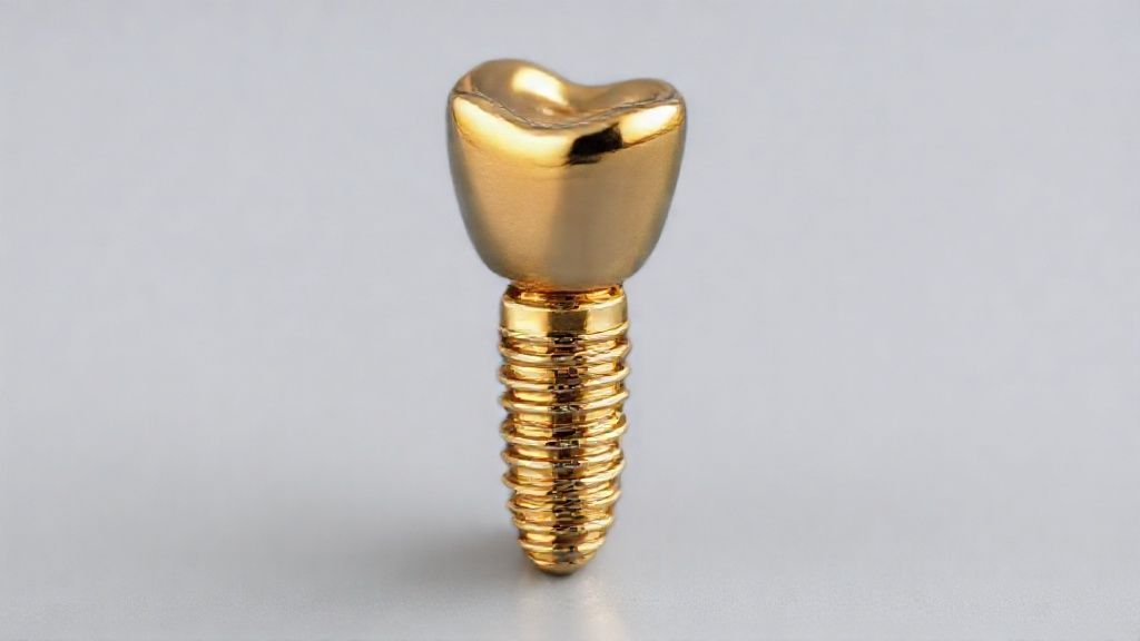 Gold colored titanium dental implant and surgical tools on a sterile blue background.