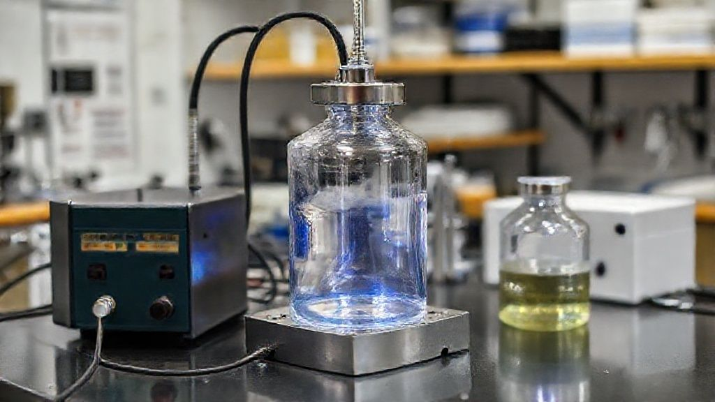 Scientific illustration of an electrochemical anodizing setup with titanium anode and cathode in an electrolyte.