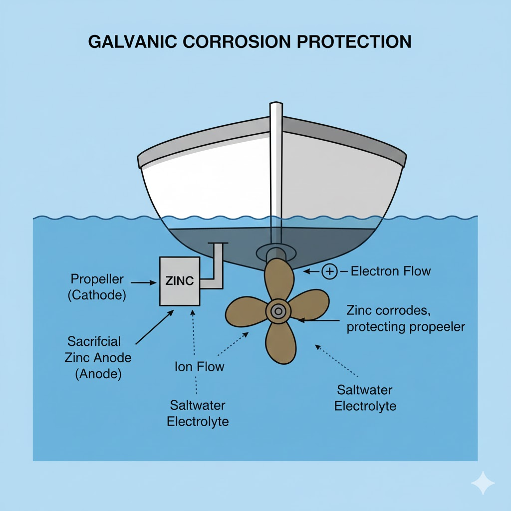 A simplified diagram illustrating galvanic corrosion on a boat hull, showing a sacrificial anode protecting a propeller in saltwater.