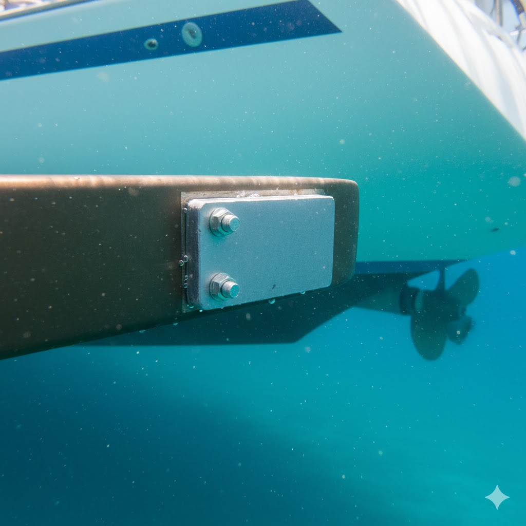 A close-up of a clean, unpainted sacrificial anode correctly installed on a boat's rudder, showing direct contact with the water.