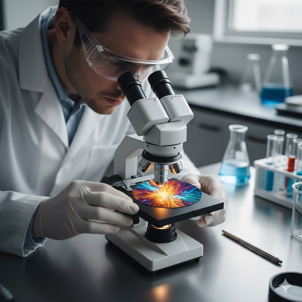 Scientist examining anodized titanium under a microscope, showing vibrant colors