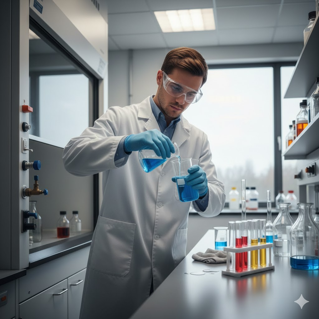 Person wearing safety gear, gloves, and goggles, handling chemicals safely in a lab setting