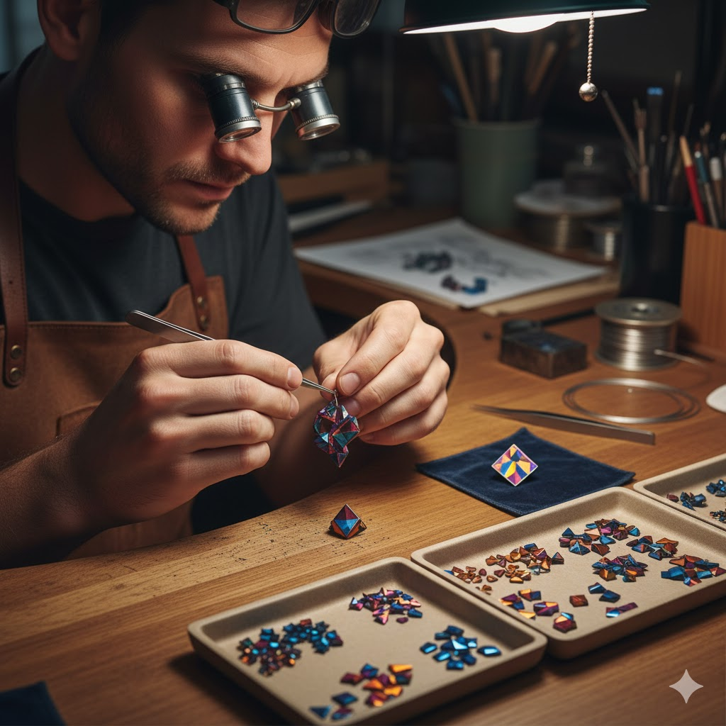 Jewelry designer working with small, intricate anodized titanium components, creating art