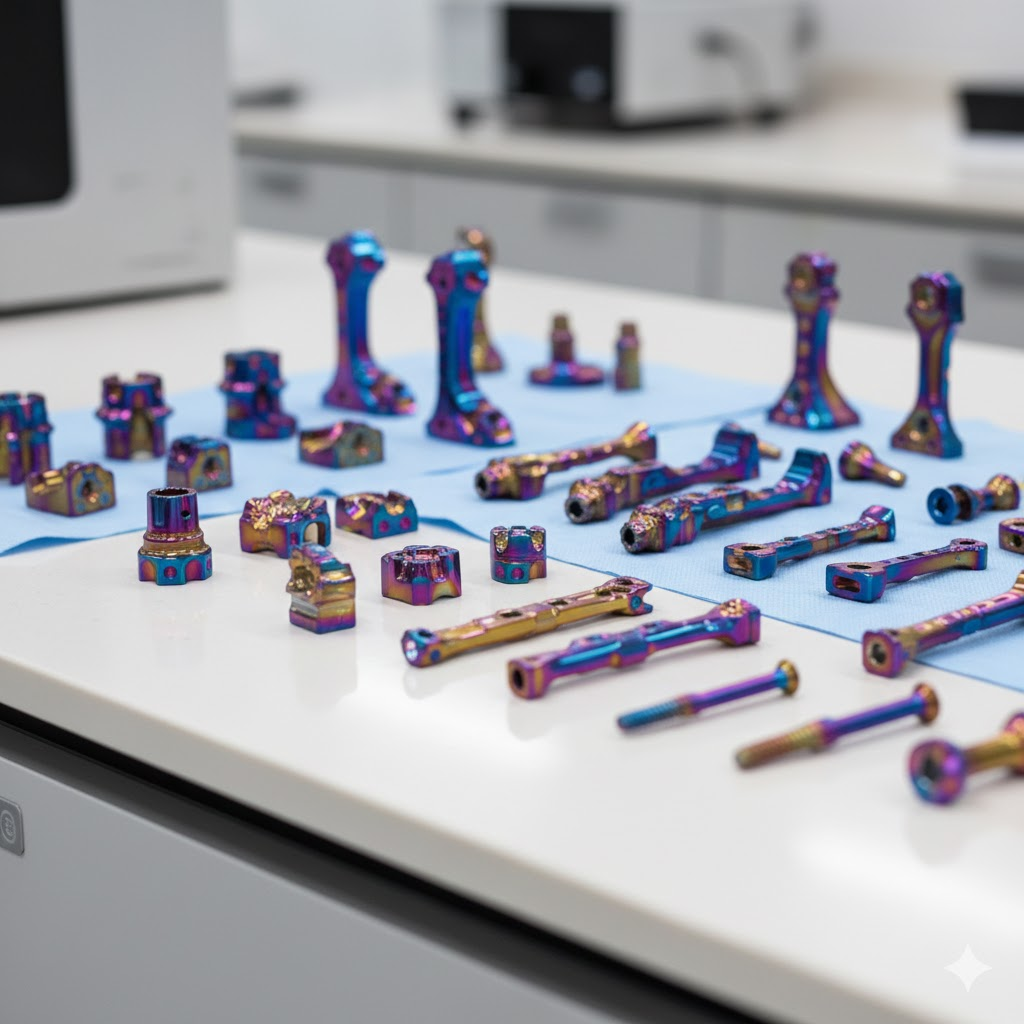 Anodized titanium medical implant components