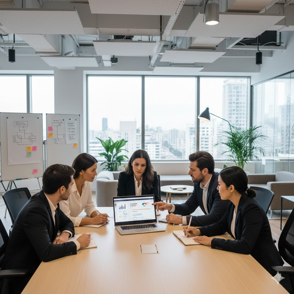 Team discussing project on laptop in a modern office
