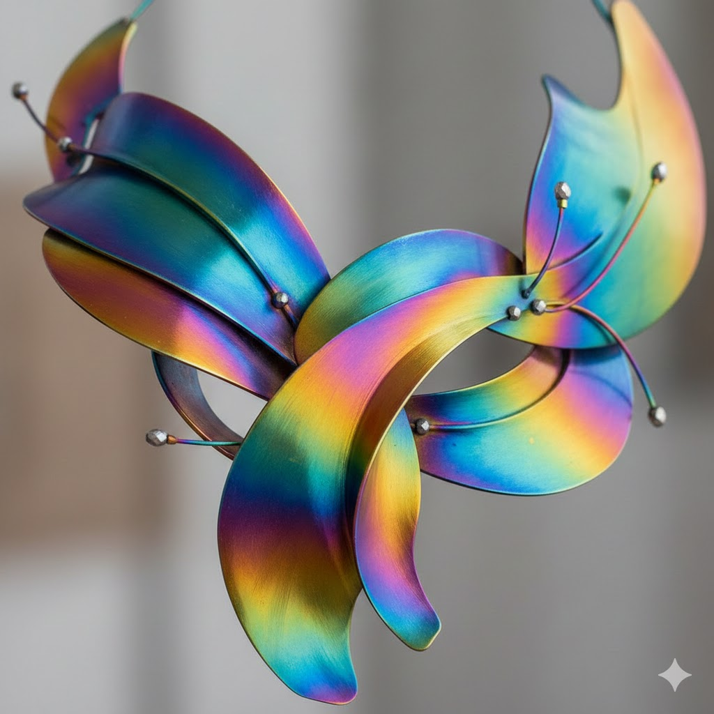Vibrant, multi-color anodized titanium art piece or jewelry