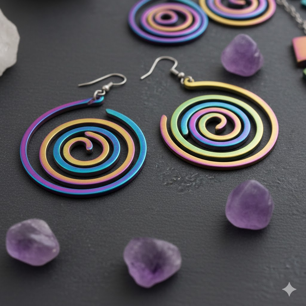 Close-up of anodized titanium earrings in multiple bright colors