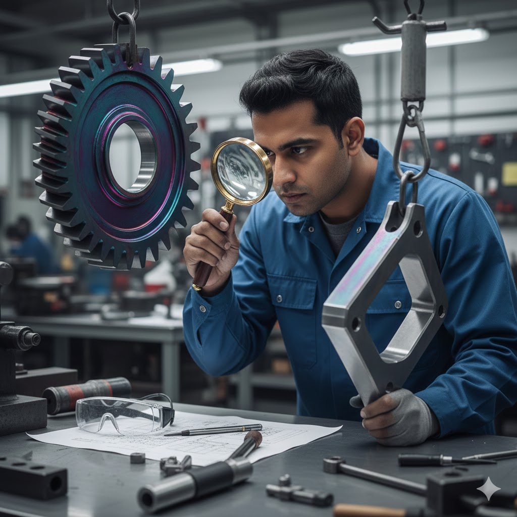 Engineer examining titanium components with a magnifying glass