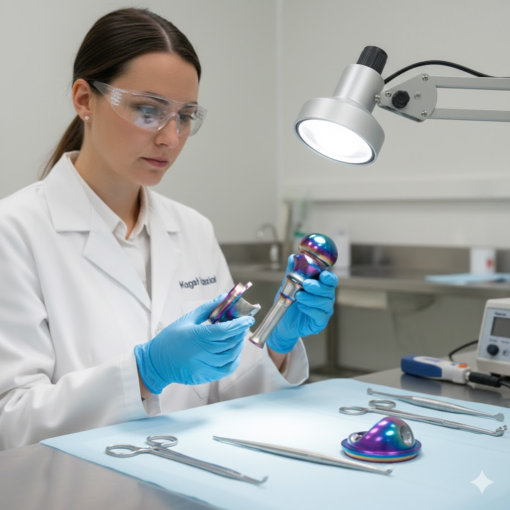 Scientist inspecting a medical device for quality control