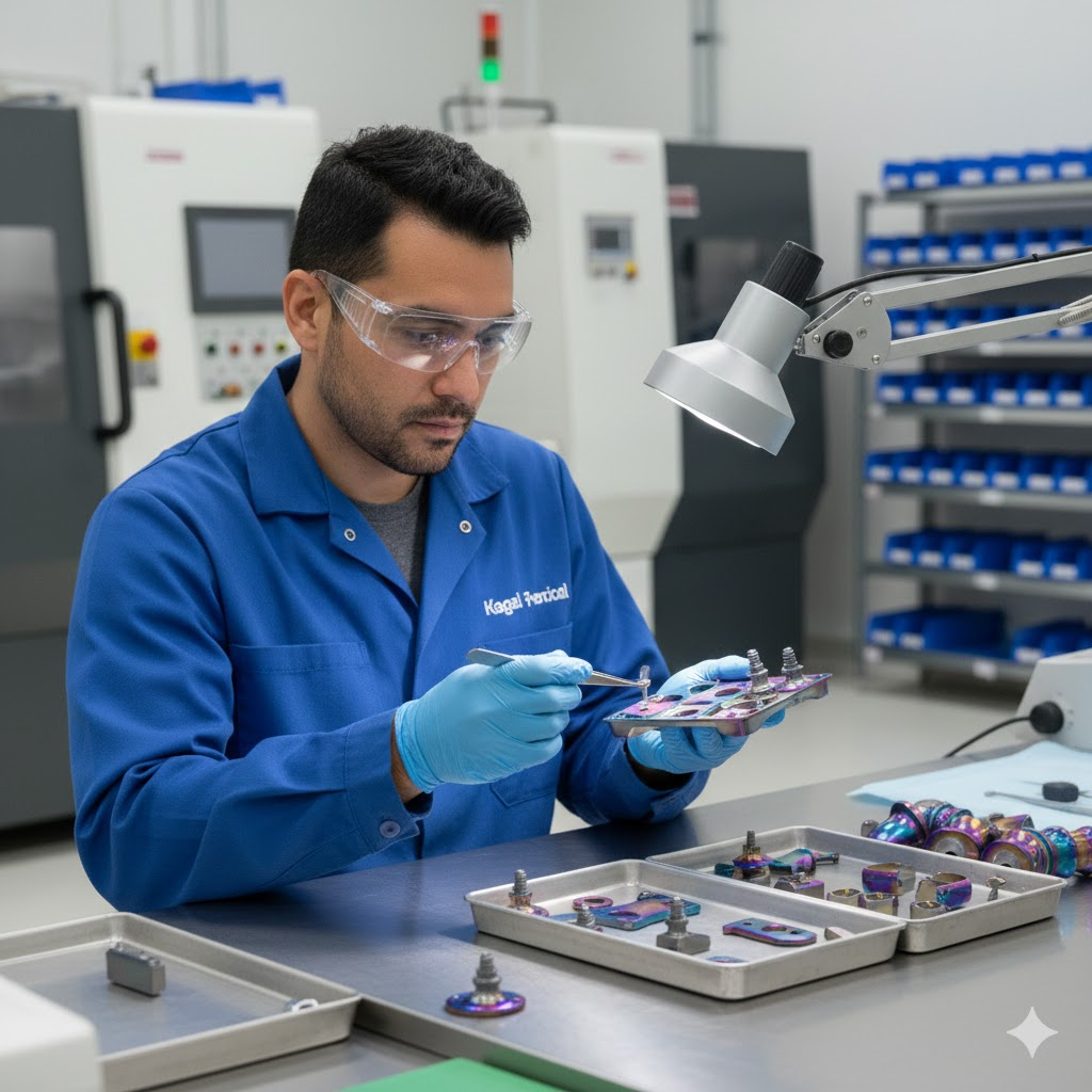 Factory worker inspecting anodized titanium parts for quality