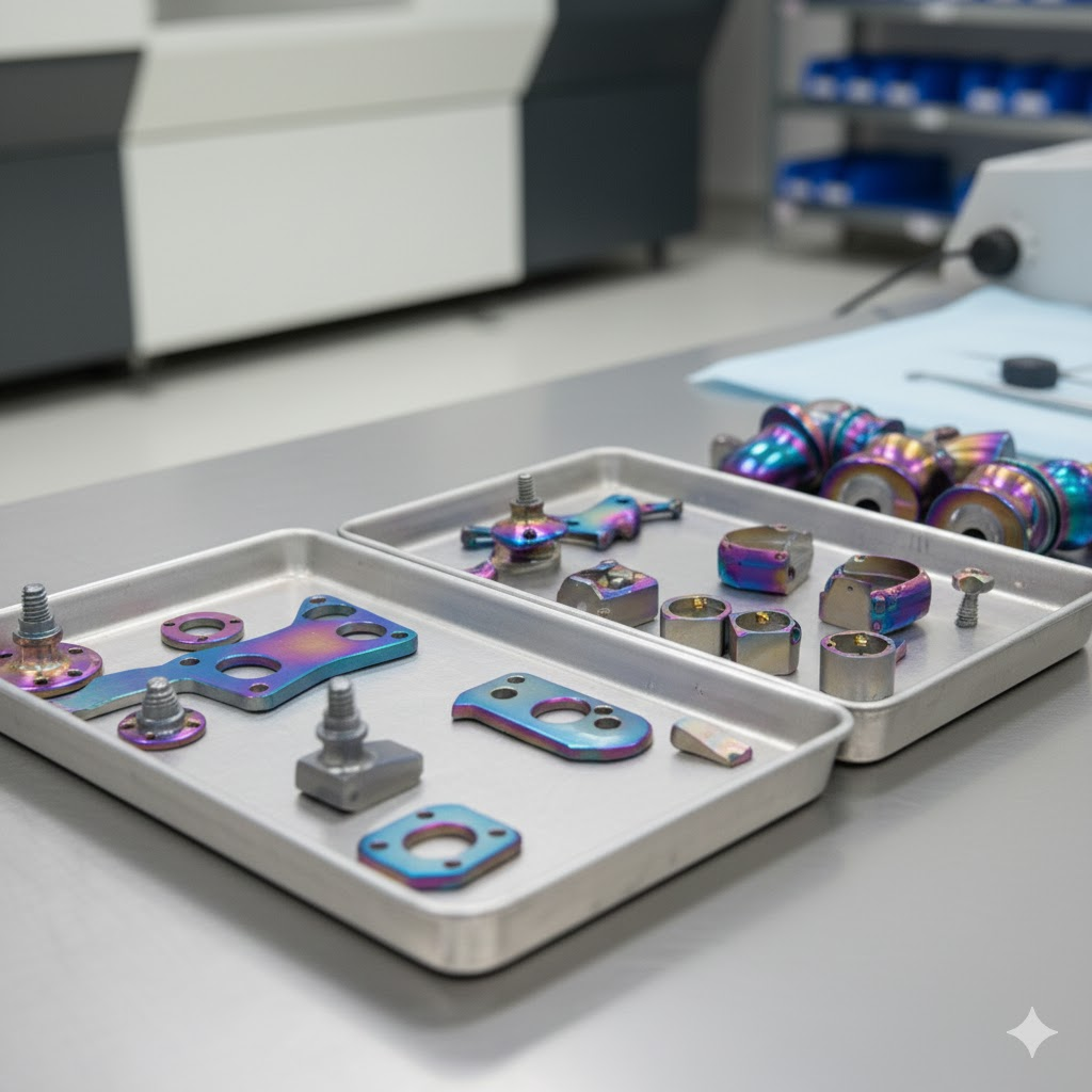 Assortment of anodized titanium components in various colors