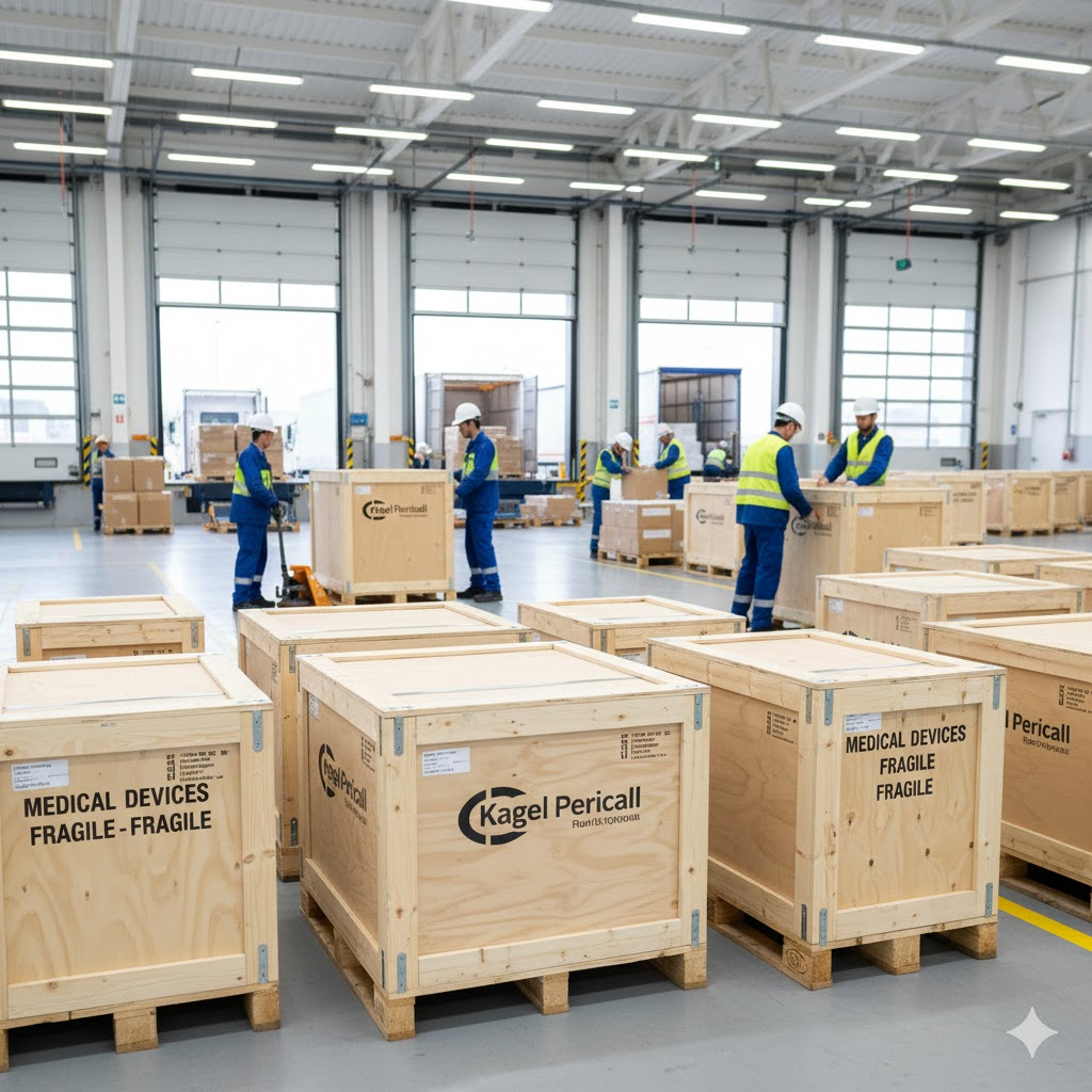 Shipping crates ready for transport from a factory