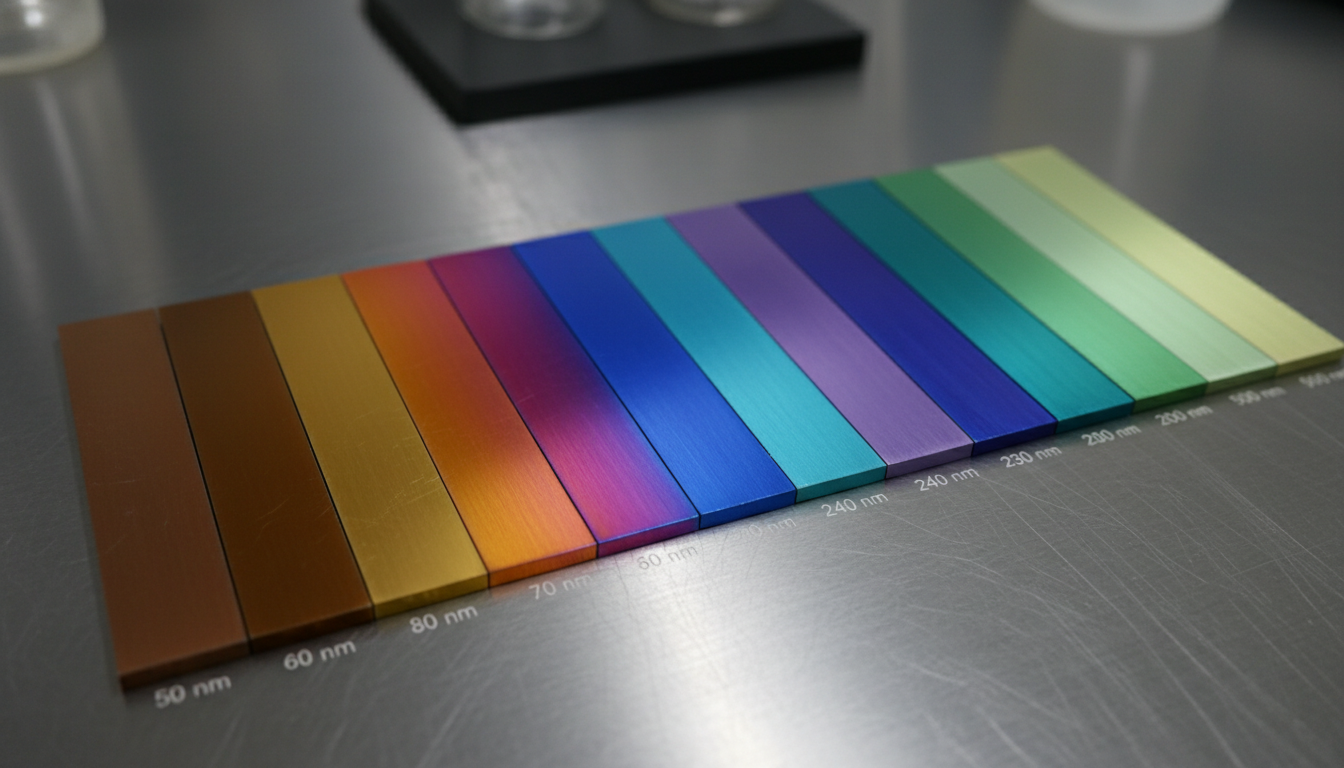 A spectrum of anodized titanium samples showcasing a gradient of colors from bronze to blue, purple, and green, each representing a different oxide thickness.