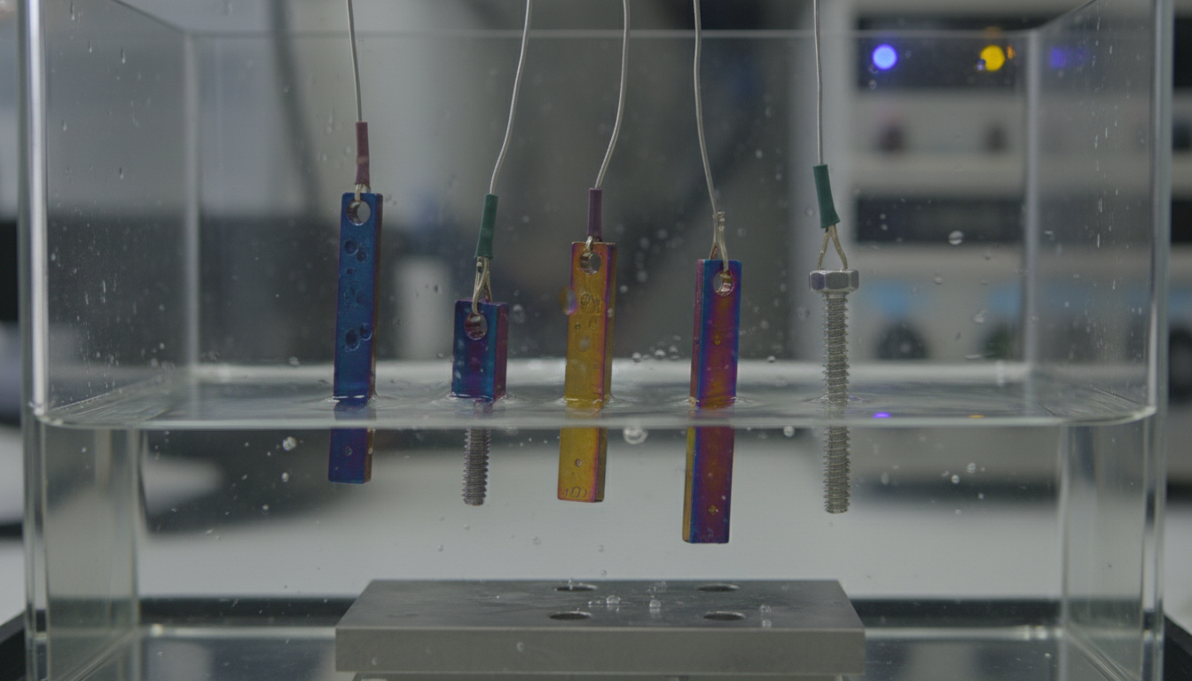 Close-up of titanium parts suspended in an anodizing tank, connected to electrical leads, with clear electrolyte solution.
