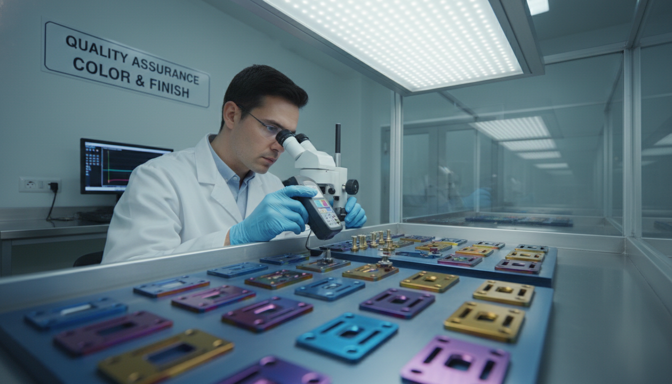 Technician inspecting anodized titanium parts under controlled lighting in a quality control lab, ensuring color consistency and finish.
