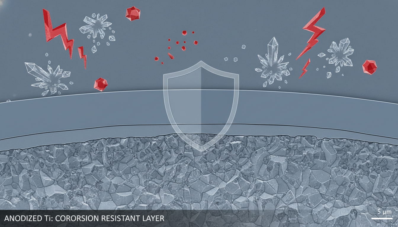 Microscopic view showing the dense, uniform oxide layer on anodized titanium, illustrating enhanced corrosion protection against harsh elements.