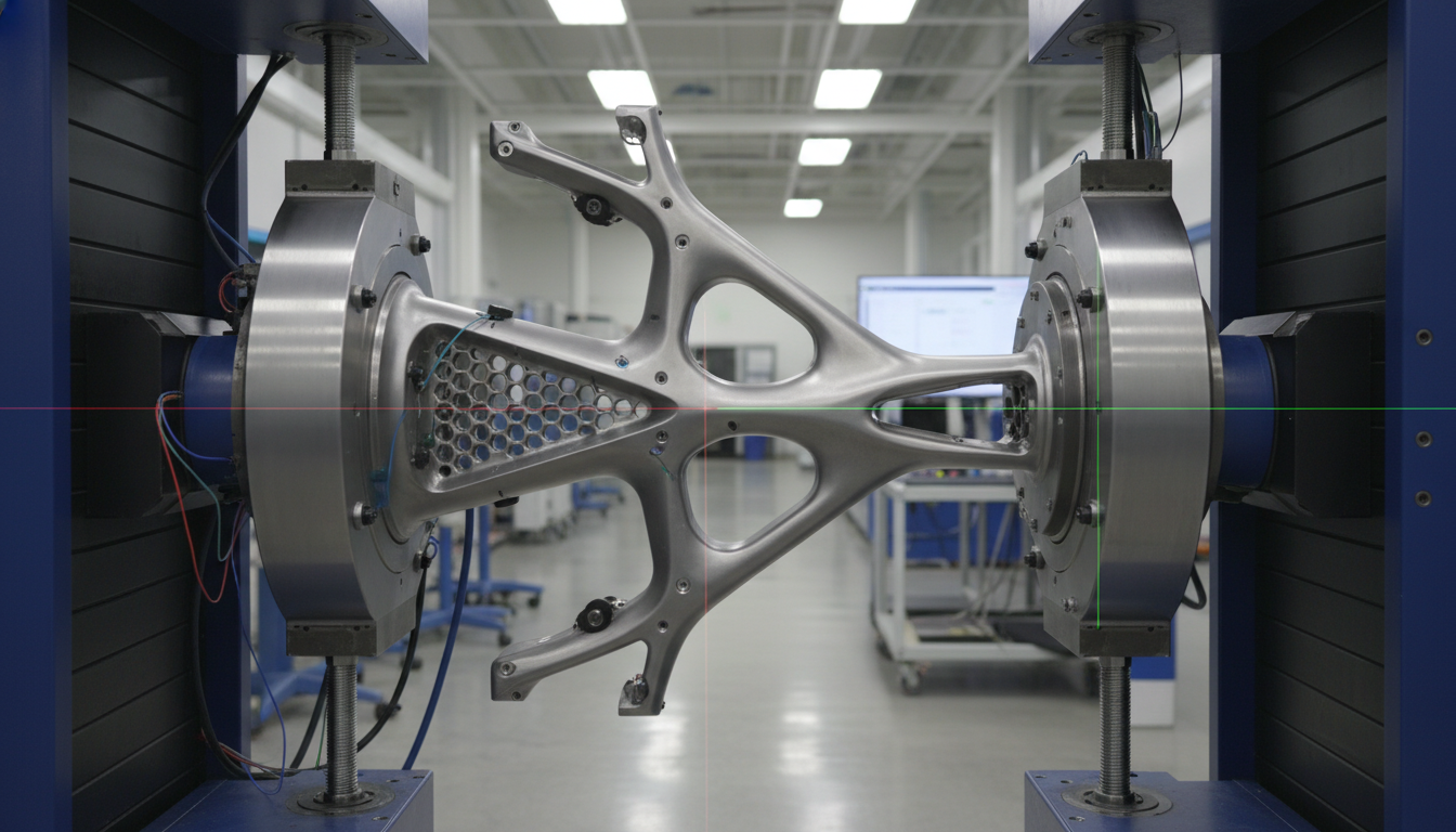 A sophisticated aerospace component made of titanium undergoing fatigue testing in a laboratory, with sensors attached.